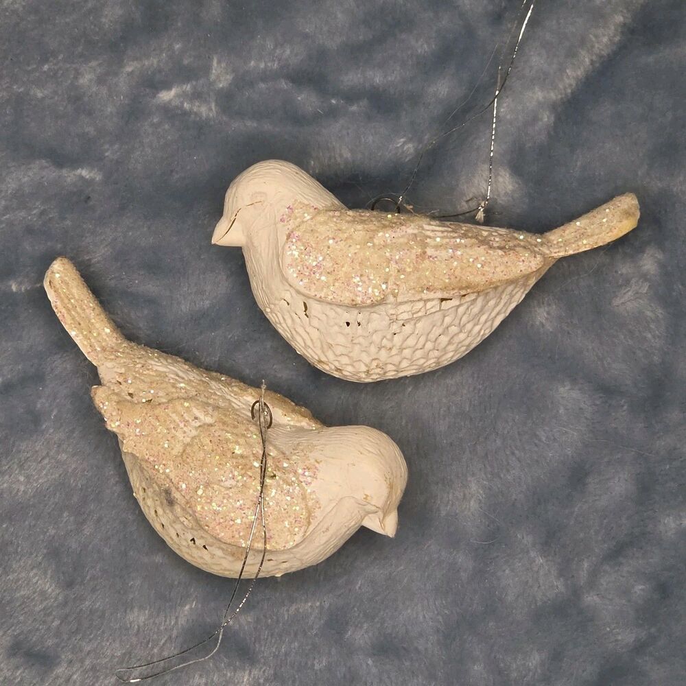 Vintage Pair White Spun Cotton Glitter Turtle Dove Christmas Ornaments Wire